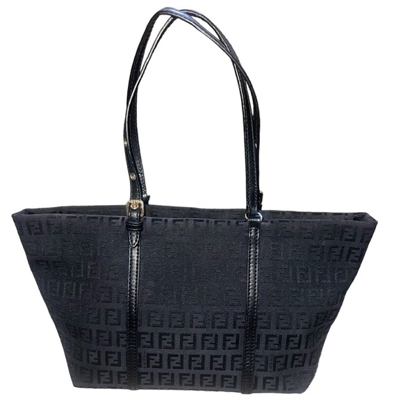 {EUC Fendi Black Zucchino Monogram Canvas Mini Tote Leather Handles Charm} - Picture 2 of 16
